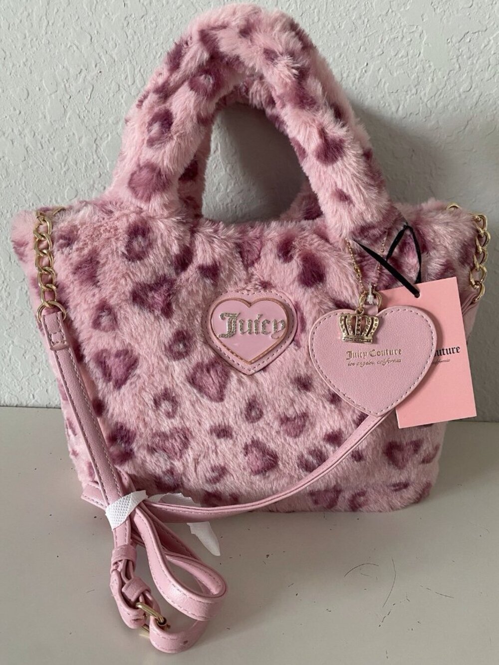 Juicy Couture Warm Up Mini Tote Bag W/Heart Charm Heart Leopard Pink On Pink NEW
